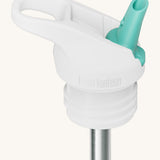 A close up of the Klean Kanteen white and turquoise flip sports straw cap for the rise insulated bottles showing the turquoise spout and small loop detail.