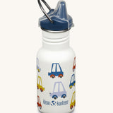 A Kid Kanteen 12oz Narrow Sippy reusable stainless steel water Bottle. The bottle is white with a multi coloured car print, the sippy lid is navy blue.