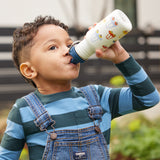 A child drinking from a car print Kid Kanteen 12oz Narrow Sippy Bottle.