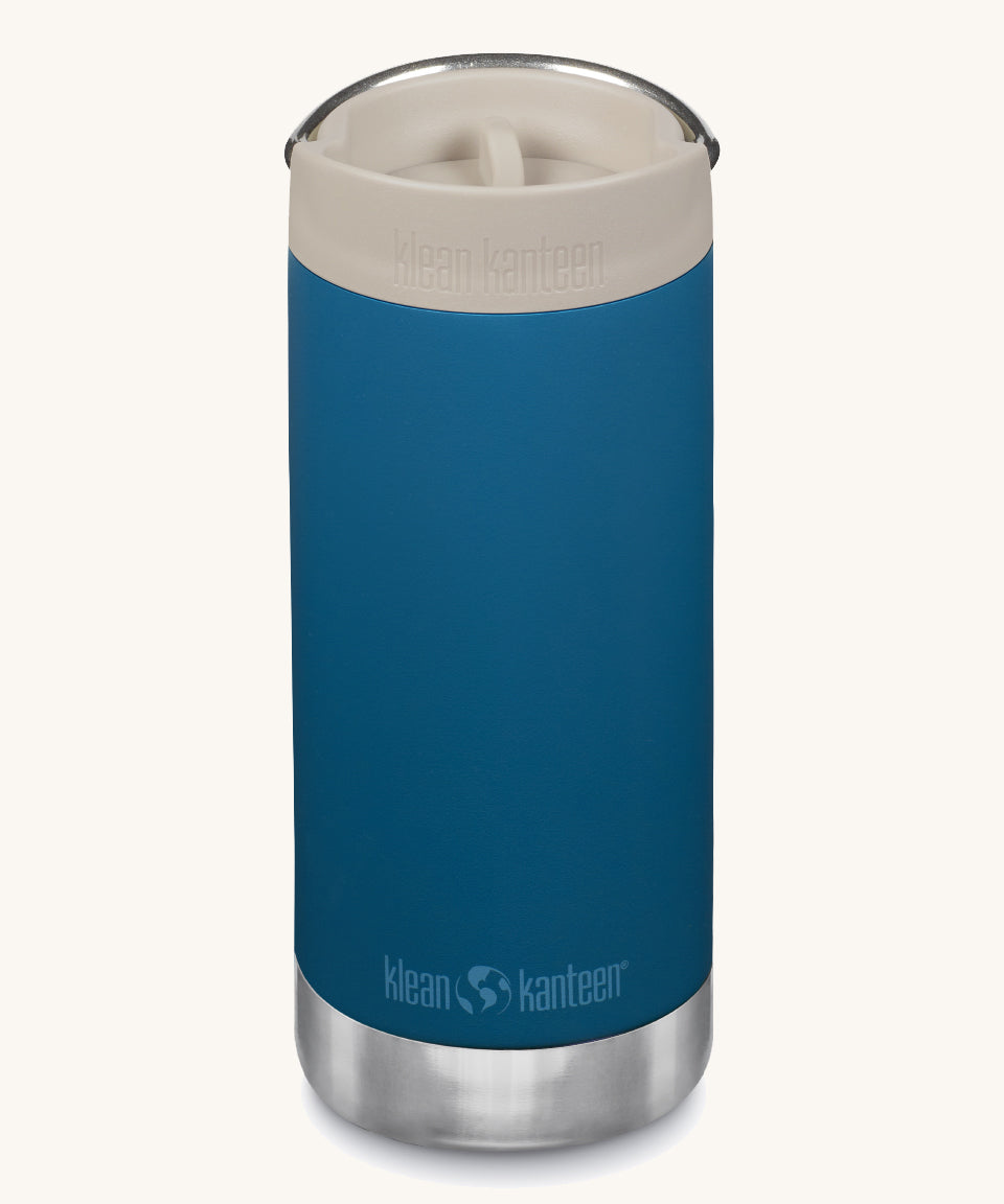 A Klean Kanteen 12oz TKWide Cafe in the blue corsair colour with a taupe coloured lid on a plain background.