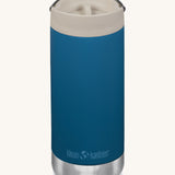 A Klean Kanteen 12oz TKWide Cafe in the blue corsair colour with a taupe coloured lid on a plain background.