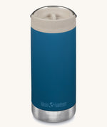 A Klean Kanteen 12oz TKWide Cafe in the blue corsair colour with a taupe coloured lid on a plain background.