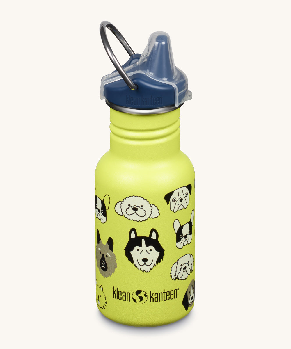 A Kid Kanteen 12oz Narrow Sippy reusable stainless steel water Bottle. The bottle is lime green with a monochrome coloured dog print, the sippy lid is navy blue.