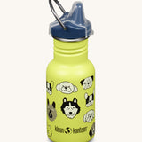 A Kid Kanteen 12oz Narrow Sippy reusable stainless steel water Bottle. The bottle is lime green with a monochrome coloured dog print, the sippy lid is navy blue.