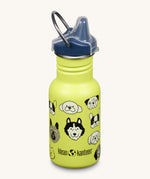 A Kid Kanteen 12oz Narrow Sippy reusable stainless steel water Bottle. The bottle is lime green with a monochrome coloured dog print, the sippy lid is navy blue.