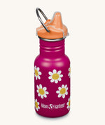 A Kid Kanteen 12oz Narrow Sippy reusable stainless steel water Bottle. The bottle is deep pink with a cute happy daisies flower print, the sippy lid is orange.
