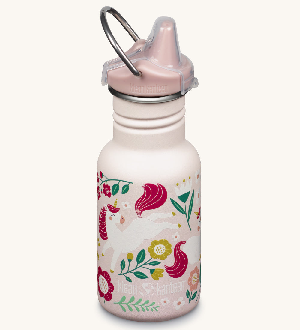 A Kid Kanteen 12oz Narrow Sippy reusable stainless steel water Bottle. The bottle is light pink with a leaping unicorns print, the sippy lid is light pink.