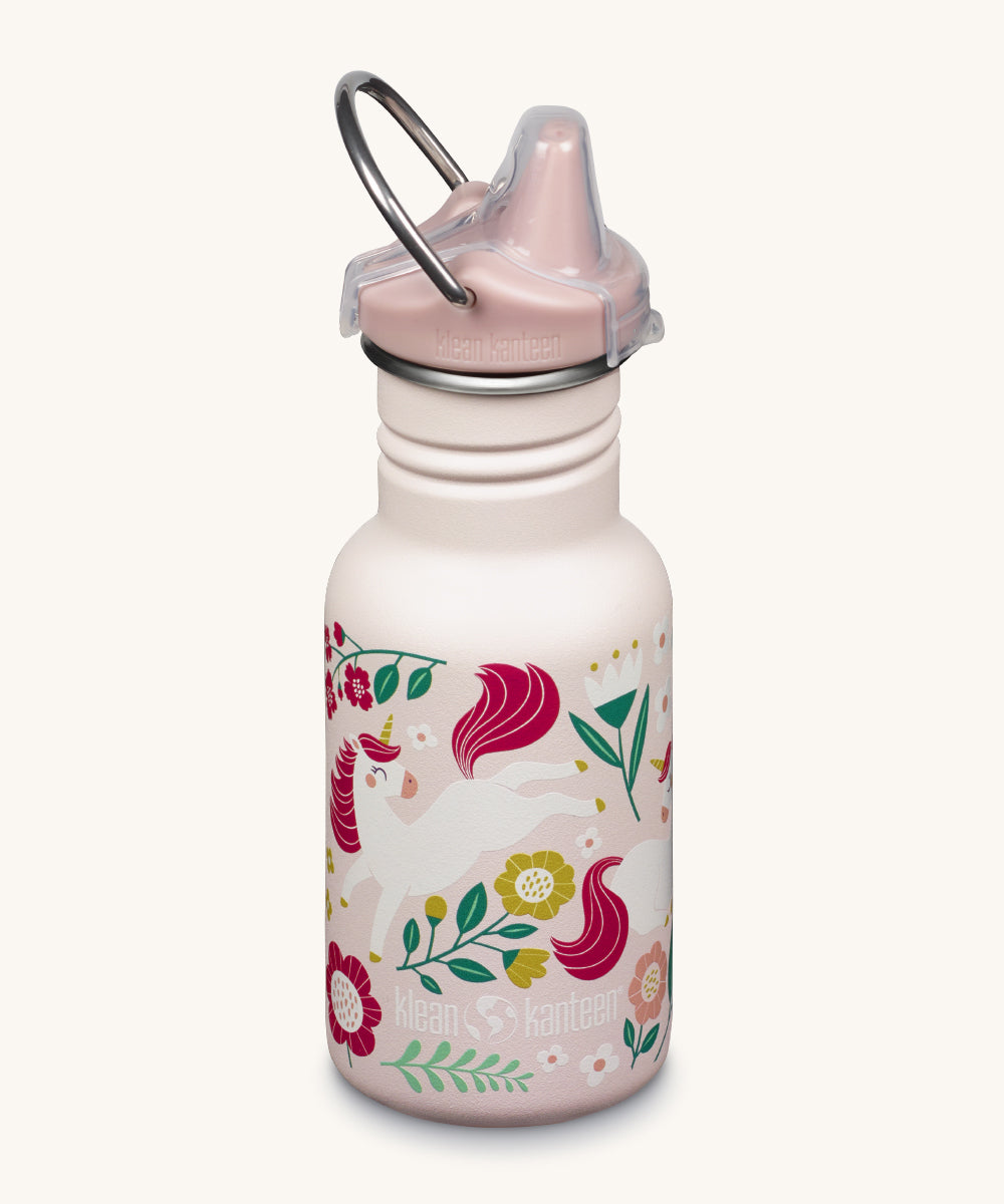 A Kid Kanteen 12oz Narrow Sippy reusable stainless steel water Bottle. The bottle is light pink with a leaping unicorns print, the sippy lid is light pink.