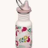 A Kid Kanteen 12oz Narrow Sippy reusable stainless steel water Bottle. The bottle is light pink with a leaping unicorns print, the sippy lid is light pink.