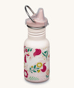A Kid Kanteen 12oz Narrow Sippy reusable stainless steel water Bottle. The bottle is light pink with a leaping unicorns print, the sippy lid is light pink.