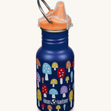 A Kid Kanteen 12oz Narrow Sippy reusable stainless steel water Bottle. The bottle is blue with a multi coloured mushroom print, the sippy lid is orange.