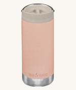 A Klean Kanteen 12oz TKWide Cafe in the pink peach parfait colour with a taupe coloured lid on a plain background.