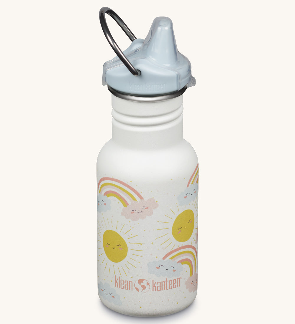 A Kid Kanteen 12oz Narrow Sippy reusable stainless steel water Bottle. The bottle is white with a rainbow print, the sippy lid is light grey blue.