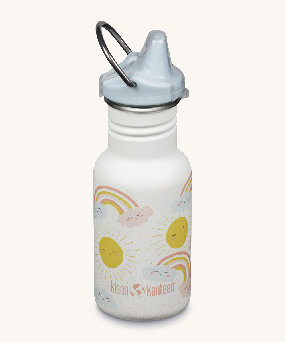 A Kid Kanteen 12oz Narrow Sippy reusable stainless steel water Bottle. The bottle is white with a rainbow print, the sippy lid is light grey blue.