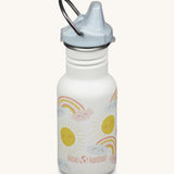 A Kid Kanteen 12oz Narrow Sippy reusable stainless steel water Bottle. The bottle is white with a rainbow print, the sippy lid is light grey blue.