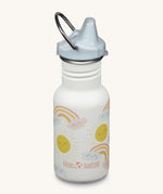 A Kid Kanteen 12oz Narrow Sippy reusable stainless steel water Bottle. The bottle is white with a rainbow print, the sippy lid is light grey blue.