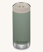 A Klean Kanteen 12oz TKWide Cafe in the green sea spray colour with a taupe coloured lid on a plain background.
