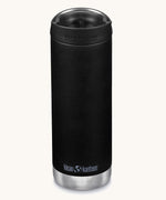 A Klean Kanteen 16oz TKWide in black colour with black Cafe cap on a plain background.