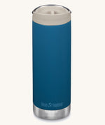 A Klean Kanteen 16oz TKWide in Corsair Blue colour with taupe Cafe cap on a plain background.