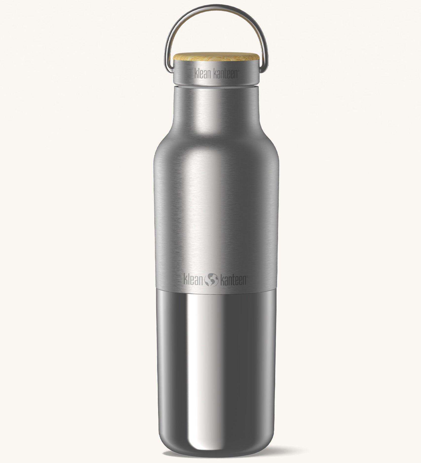 Klean Kanteen 16oz reusable stainless steel reflect water bottle available at Babipur with a smooth top half finish and a glossy bottom half finish. Features a handy loop cap with a bamboo top.