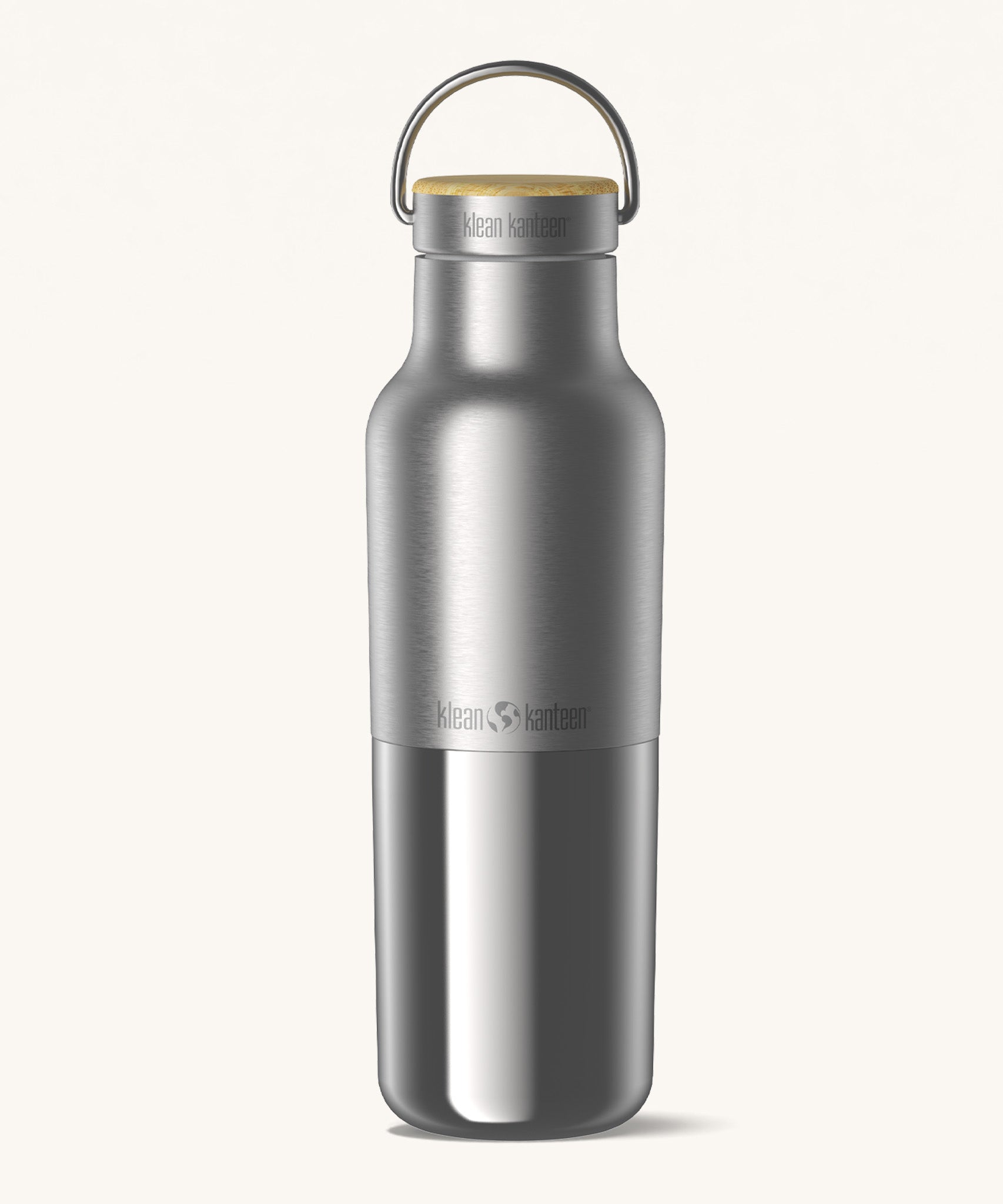 Klean Kanteen 16oz reusable stainless steel reflect water bottle available at Babipur with a smooth top half finish and a glossy bottom half finish. Features a handy loop cap with a bamboo top.