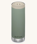 A Klean Kanteen 16oz TKWide in Sea Spray green colour with taupe Cafe cap on a plain background.
