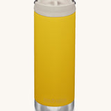 A Klean Kanteen 16oz TKWide in Sunset Yellow colour with taupe Cafe cap on a plain background.