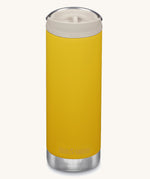 A Klean Kanteen 16oz TKWide in Sunset Yellow colour with taupe Cafe cap on a plain background.