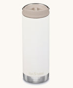 A Klean Kanteen 16oz TKWide in Tofu colour with taupe Cafe cap on a plain background.