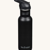 A Klean Kanteen 18oz Classic Narrow Leakproof Flip Seal Sports Cap Reusable Stainless Steel Water Bottle in a black colour.