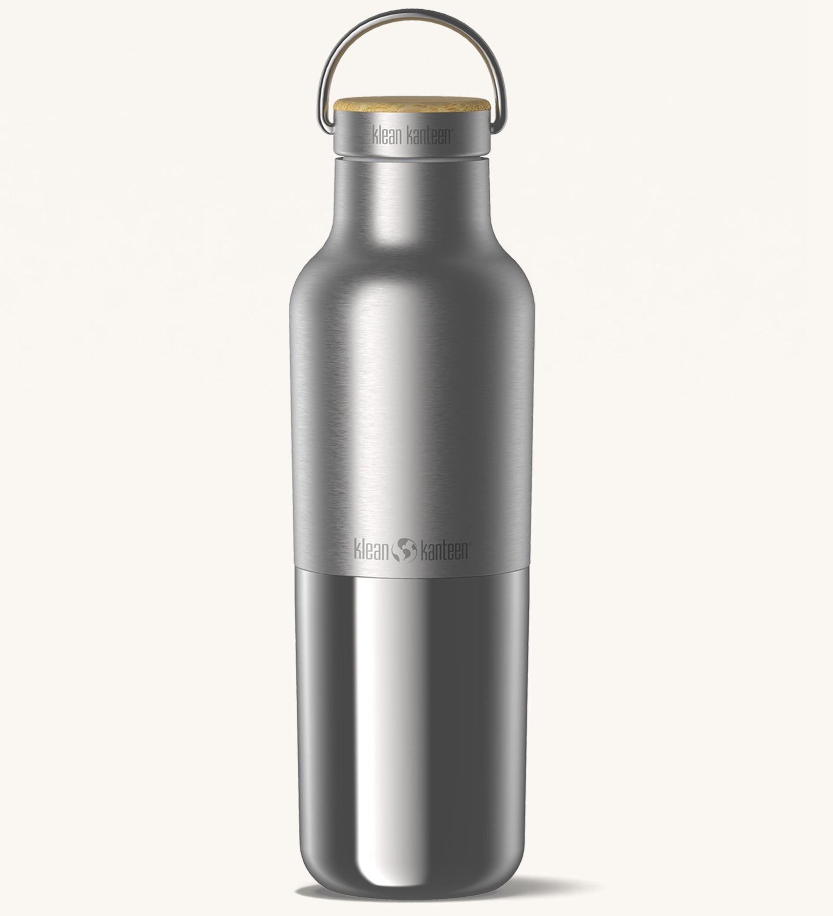 Klean Kanteen 20oz reusable stainless steel reflect water bottle available at Babipur with a smooth top half finish and a glossy bottom half finish. Features a handy loop cap with a bamboo top.