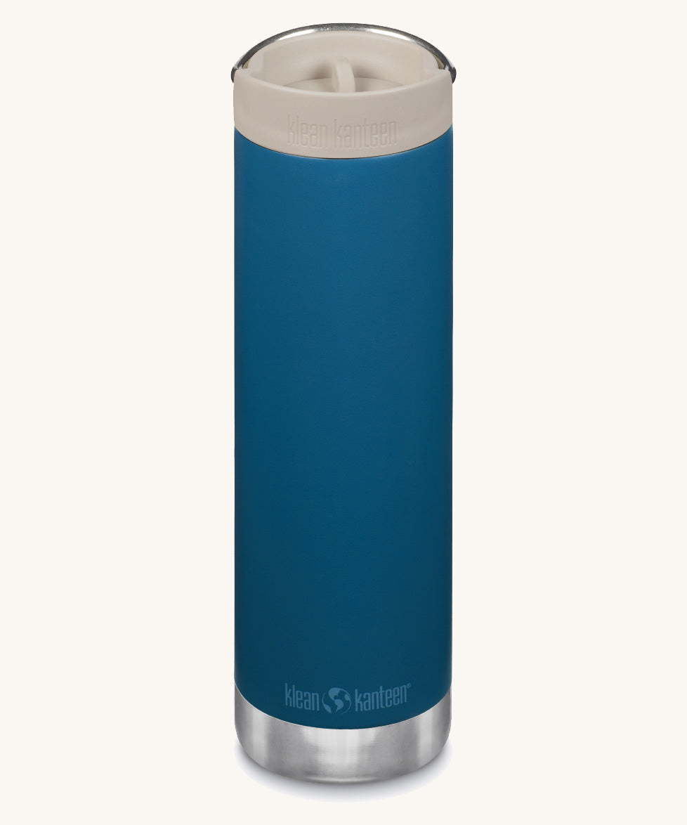 A Klean Kanteen 20oz Corsair blue TKWide with taupe Cafe cap on a plain background.
