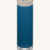 A Klean Kanteen 20oz Corsair blue TKWide with taupe Cafe cap on a plain background.