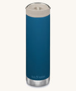 A Klean Kanteen 20oz Corsair blue TKWide with taupe Cafe cap on a plain background.