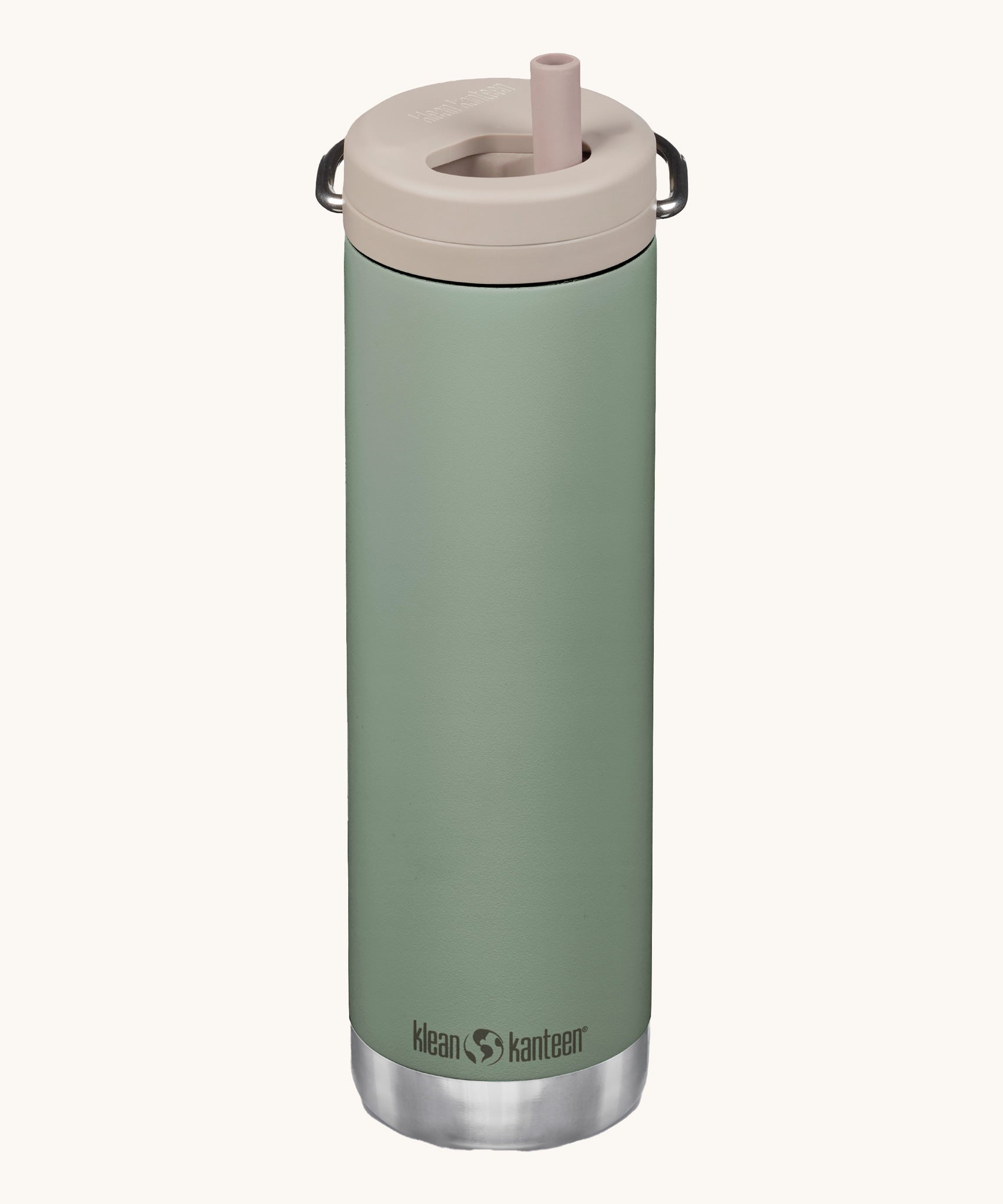 A Klean Kanteen 20oz TKWide in seas spray green with 
 a taupe Twist Cap on a plain background.