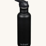 A black coloured Klean Kanteen 27oz Classic Narrow Flip Seal Sports Cap Reusable Stainless Steel Water Bottle.
