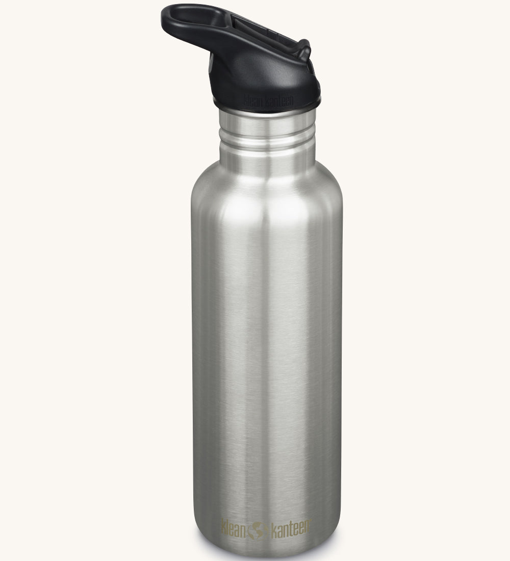 A Brushed Steel Klean Kanteen 27oz Classic Narrow Flip Seal Sports Cap Reusable Stainless Steel Water Bottle.