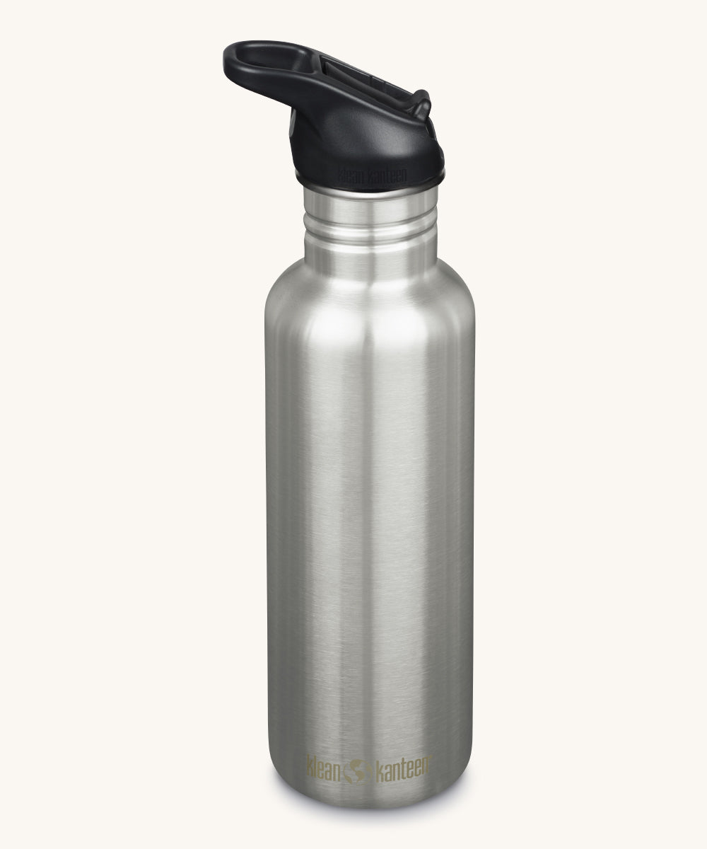 A Brushed Steel Klean Kanteen 27oz Classic Narrow Flip Seal Sports Cap Reusable Stainless Steel Water Bottle.