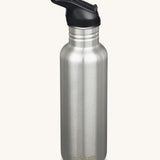 A Brushed Steel Klean Kanteen 27oz Classic Narrow Flip Seal Sports Cap Reusable Stainless Steel Water Bottle.