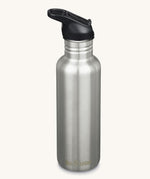 A Brushed Steel Klean Kanteen 27oz Classic Narrow Flip Seal Sports Cap Reusable Stainless Steel Water Bottle.
