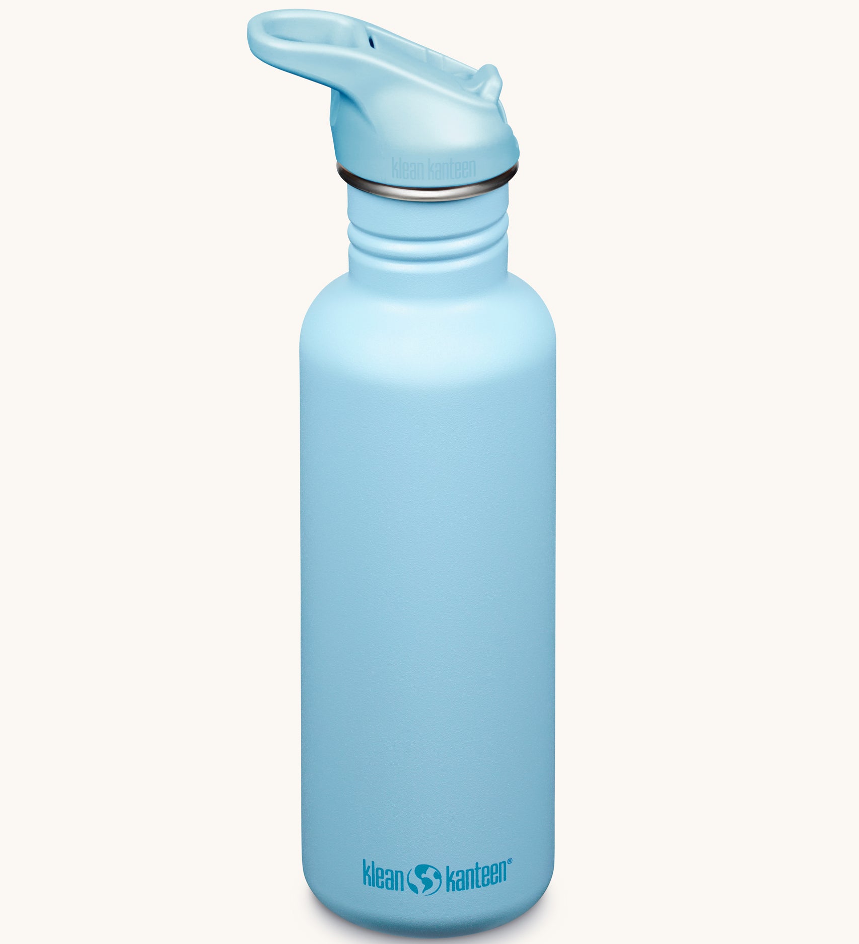 A Clear Sky blue coloured Klean Kanteen 27oz Classic Narrow Flip Seal Sports Cap Reusable Stainless Steel Water Bottle.
