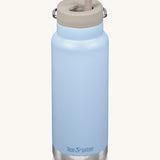A Klean Kanteen 32oz clear sky coloured TKWide with taupe coloured Twist Straw Cap on a plain background.