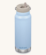 A Klean Kanteen 32oz clear sky coloured TKWide with taupe coloured Twist Straw Cap on a plain background.