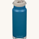 A Klean Kanteen 32oz corsair blue coloured TKWide with taupe coloured Twist Straw Cap on a plain background.