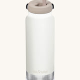 A Klean Kanteen 32oz white tofu coloured TKWide with taupe coloured Twist Straw Cap on a plain background.