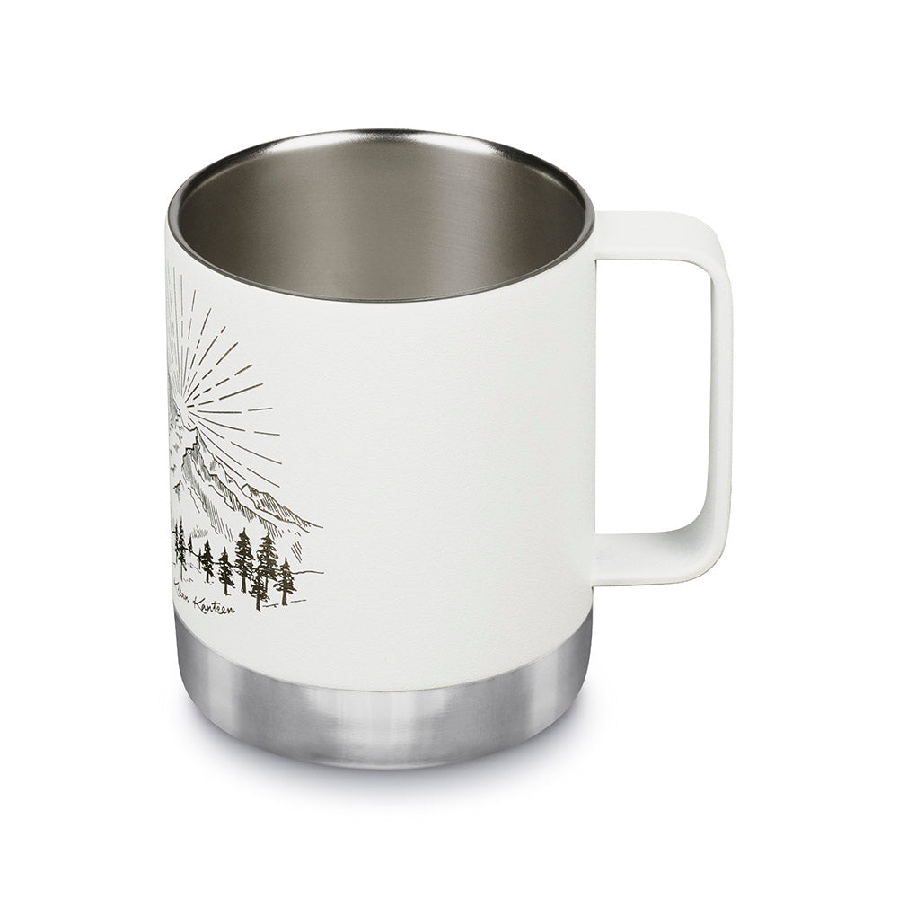 Klean Kanteen stainless steel insulated travel mug in matte white mountain on a white background