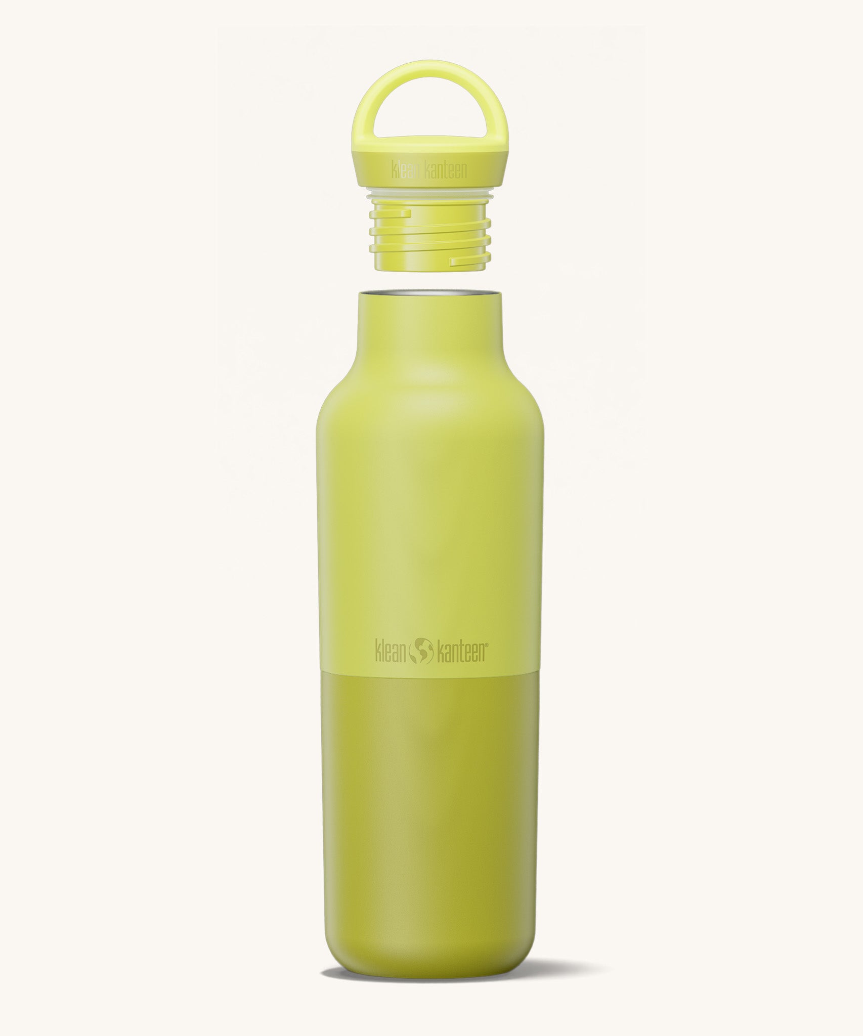 A Klean Kanteen 20oz rise insulated Reusable Stainless Steel Water Bottle in a acacia colour that's split in a light and dark shade. Features a matching loop cap with a thread and handle for easy carrying
