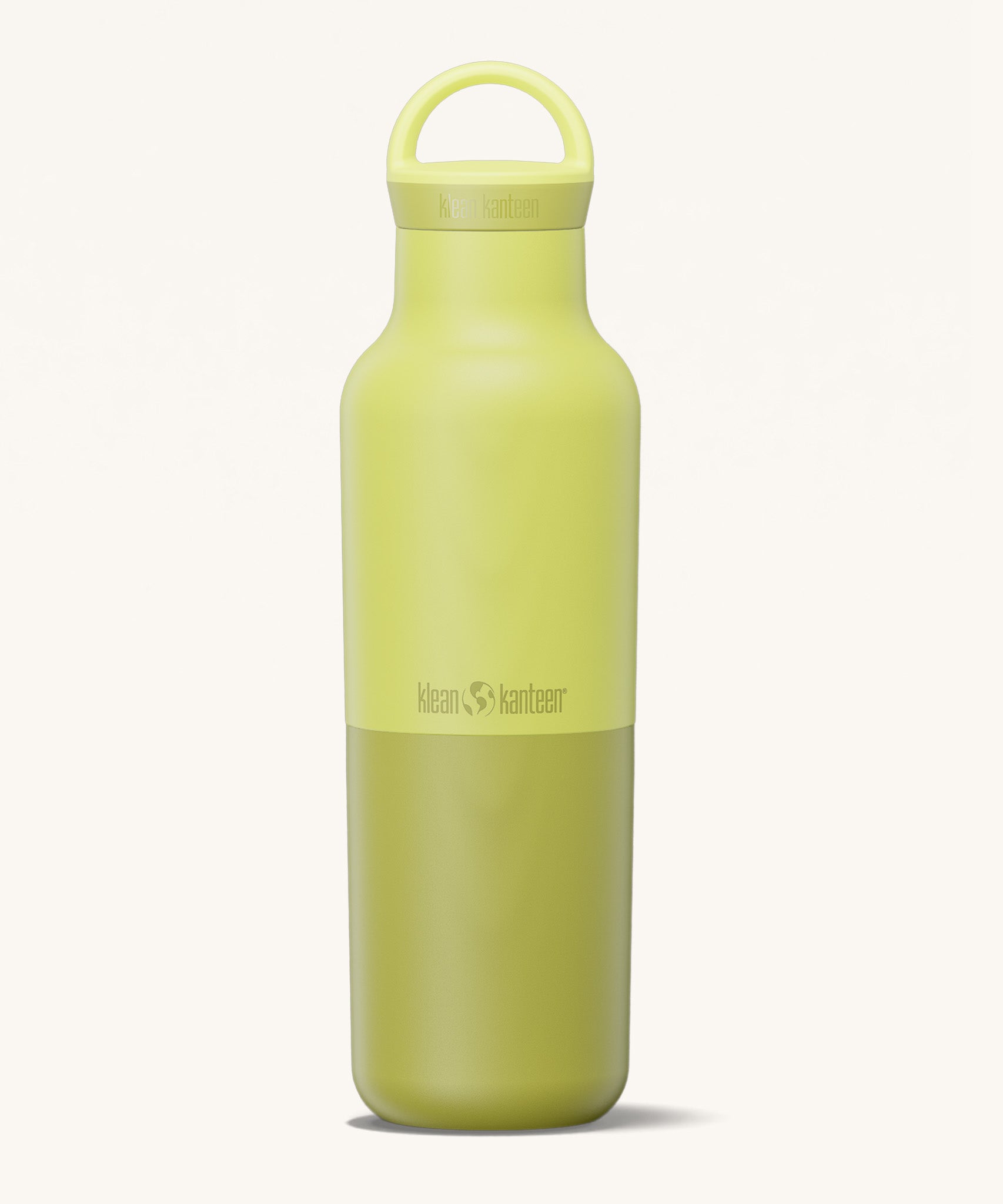 A Klean Kanteen 20oz rise insulated Reusable Stainless Steel Water Bottle with loop cap in a acacia colour that's split in a light and dark shade. Features a matching loop cap