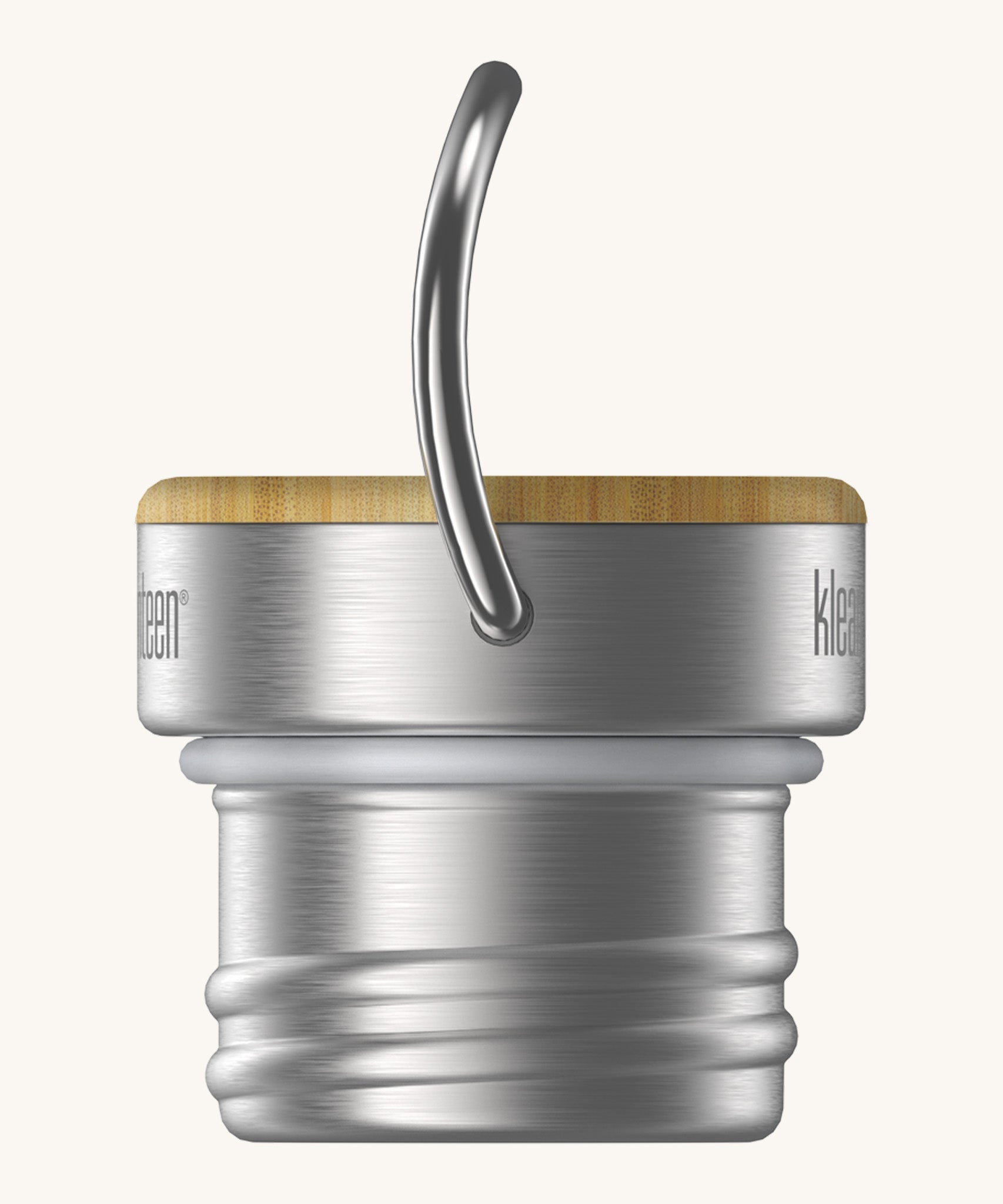 A close up of the Klean Kanteen bamboo stainless steel loop cap for the rise reflect insulated bottles showing the handle and thread detail