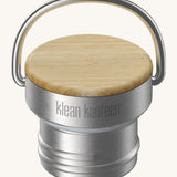 A close up of the Klean Kanteen bamboo stainless steel loop cap for the rise reflect insulated bottles showing the handle and bamboo detail
